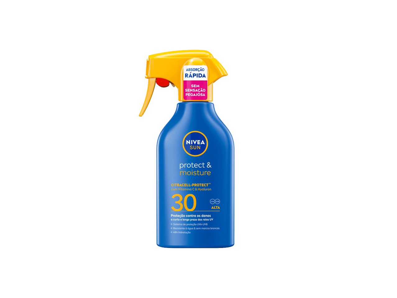 Protetor solar em spray com FPS 30, proteção UVA/UVB e hidratação de 48h.