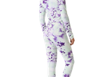 Long-sleeved top and leggings set with purple paint splatter print.