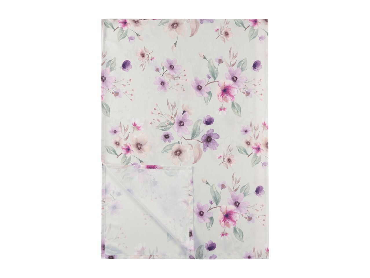 Floral patterned tablecloth with purple and pink watercolor flowers on a light background.