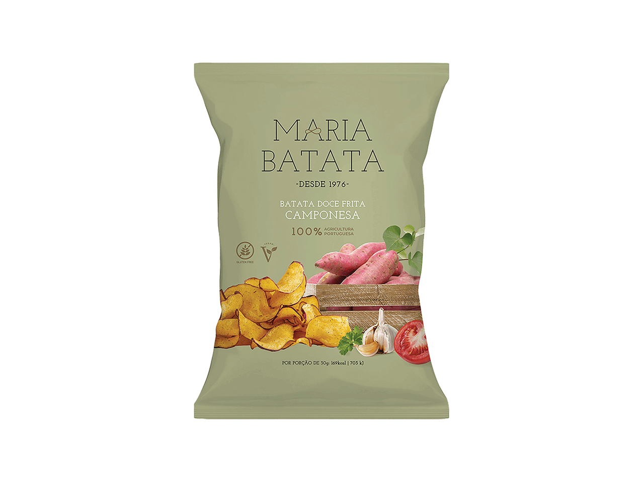 Saco de batatas fritas de batata doce com alho e tomate.