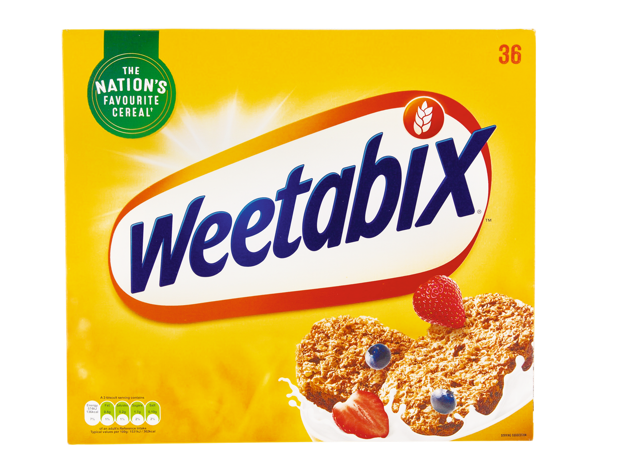 Weetabix box, wholegrain cereal with berries.