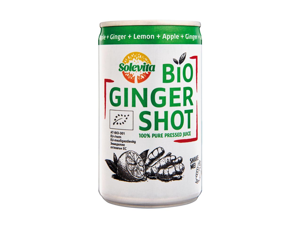 Solevita Bio Ginger Shot lé üdítős doboz: alma, gyömbér, citrom.