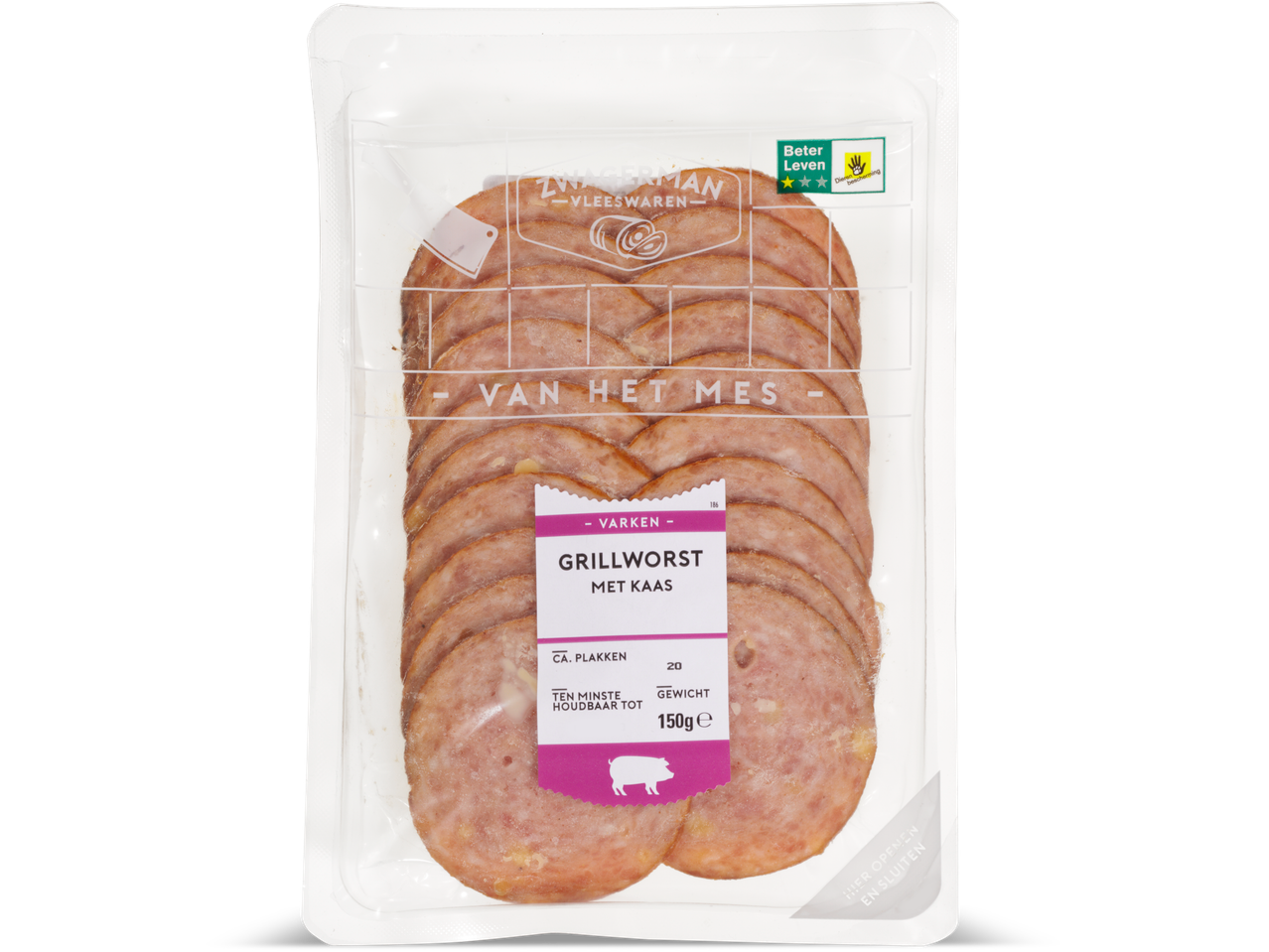 Zwerman grillworst met kaas: 150g plakjes in verpakking.