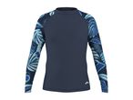 Navy blue long-sleeve rash guard with blue tropical leaf pattern on the sleeves.