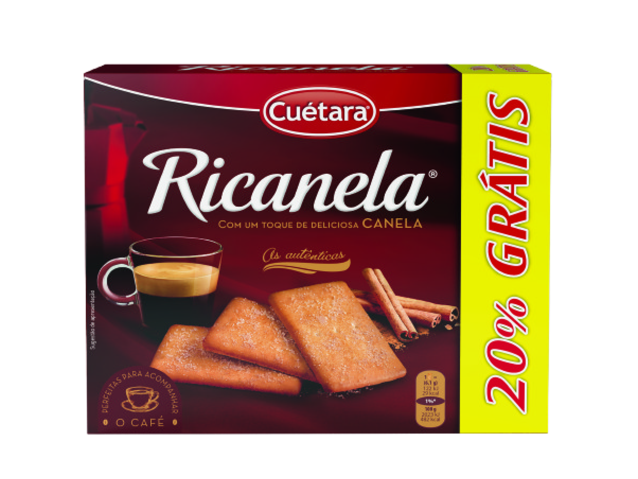 Caixa de biscoitos Cuétara Ricanela com sabor a canela e 20% grátis.
