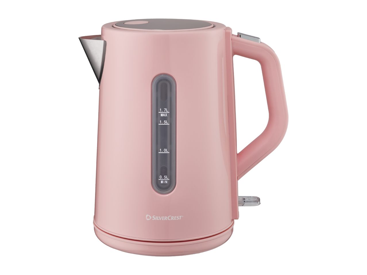 Pink electric kettle with a 1.7L capacity and water level indicator