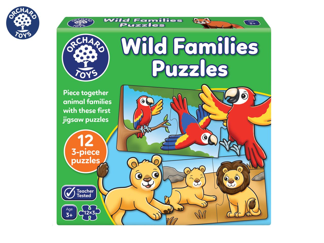A box of Orchard Toys Wild Families Puzzles, featuring 12 chunky jigsaw puzzles of animal families.