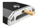 Black and silver pizza oven with a wooden handle and a built-in thermometer.