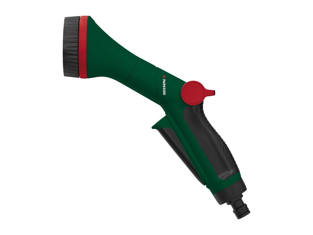Green and red garden spray gun with a black nozzle and handle