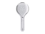 Chrome-plated handheld shower head with multiple spray settings on a white background.
