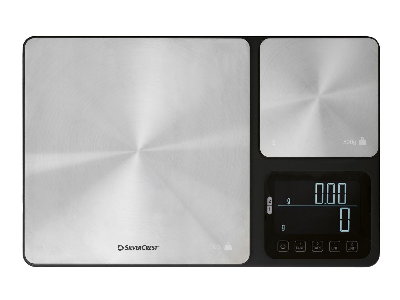 Digital kitchen scale with two weighing platforms, displaying 0.00g and 0g, with tare and unit buttons.