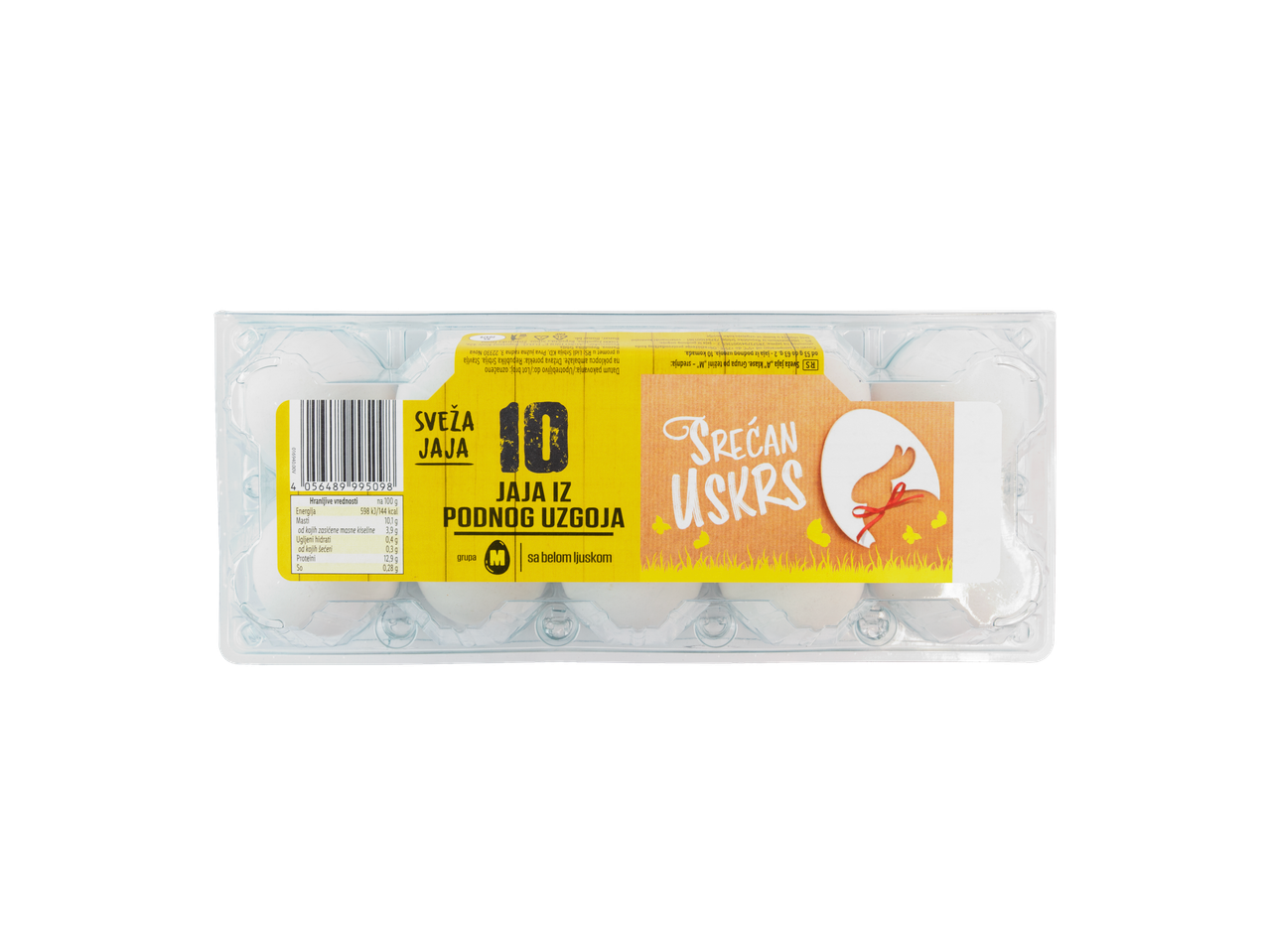 Deset belih jaja iz podnog uzgoja u providnom pakovanju sa uskršnjom etiketom.