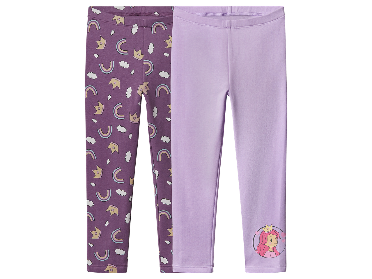 Два чифта детски клинове: един лилав с щампи на корони и дъги, и един светлолилав с принцеса.