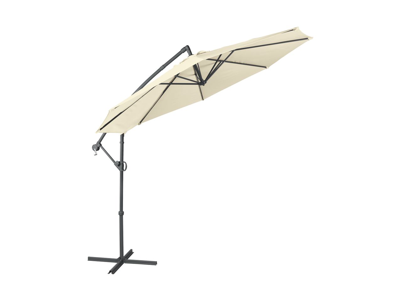 Cream cantilever patio umbrella with a dark grey frame and cross base.