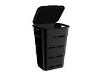 A black plastic rectangular trash can with a hinged lid slightly ajar.