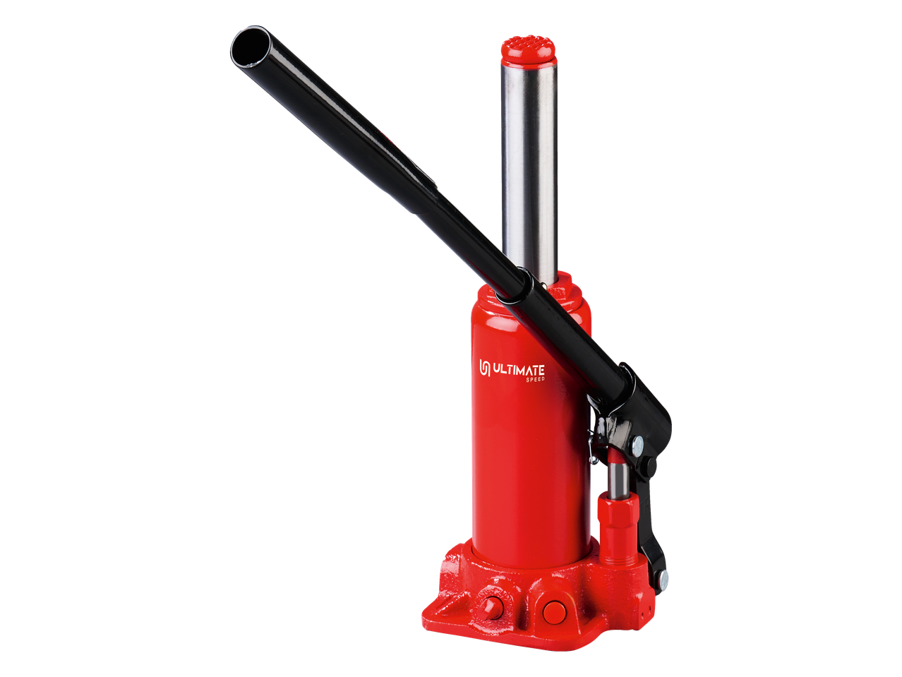 Red hydraulic bottle jack with a black handle, used for lifting heavy objects.