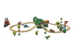 A wooden dinosaur-themed train set with a volcano, trees, and various dinosaur figures.
