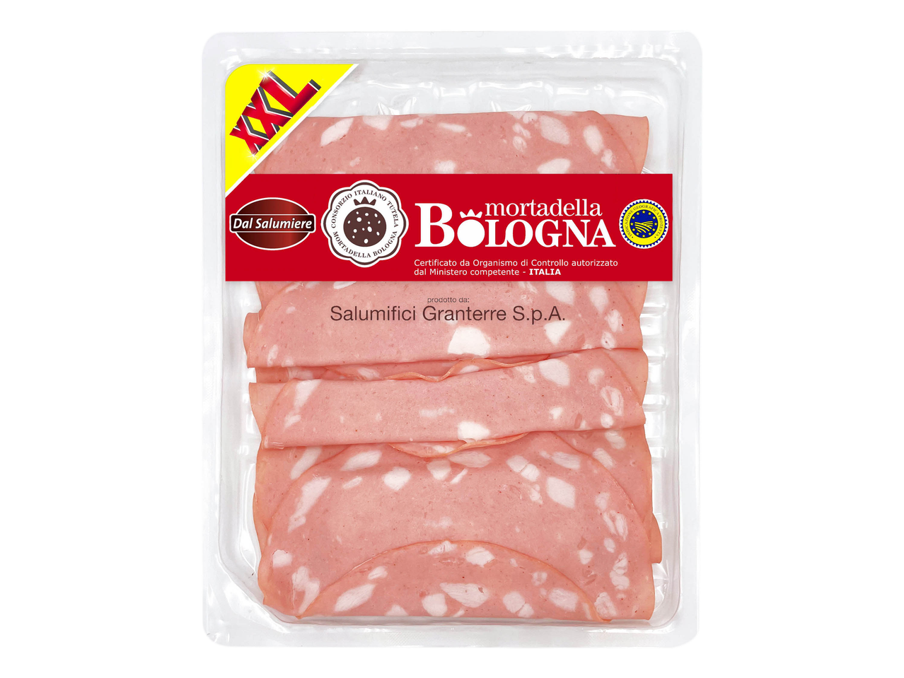 Confezione di mortadella a fette Dal Salumiere Bologna.