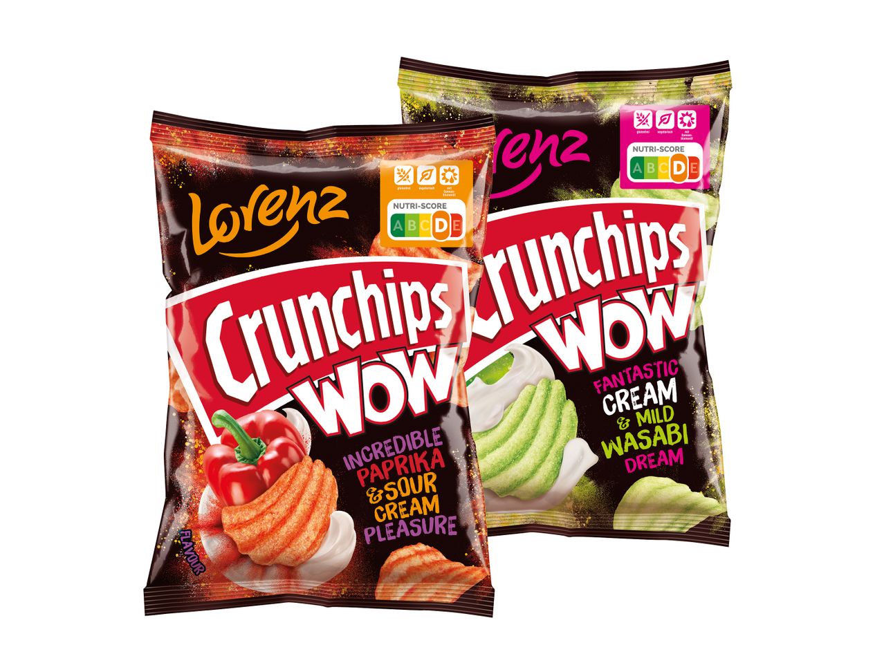 Zwei Packungen Lorenz Crunchips Wow! Paprika-Sahne und Wasabi-Sahne.