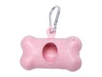 Pink bone-shaped dog poop bag dispenser with carabiner.