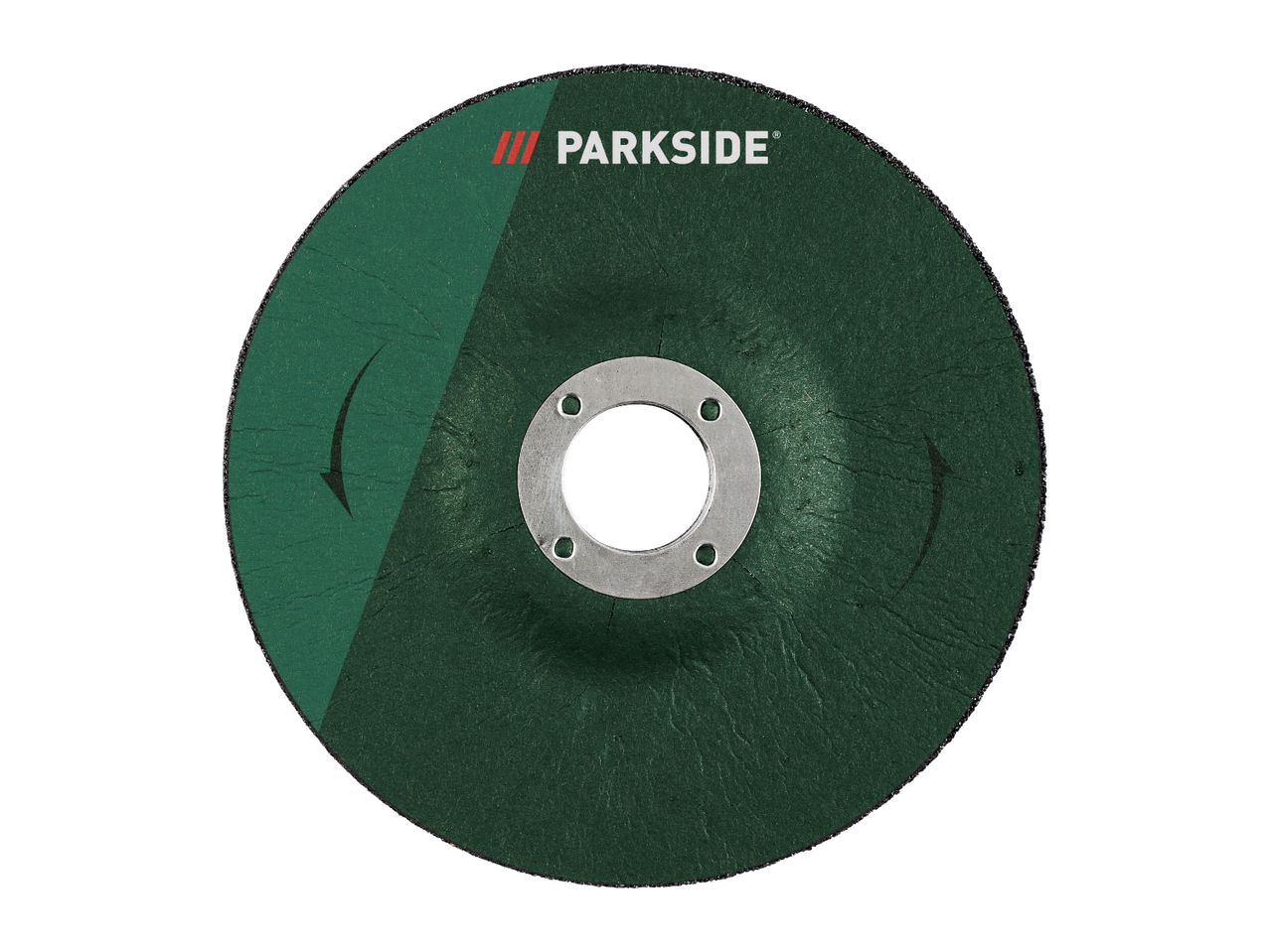 Green grinding disc with a metal center and directional arrows
