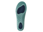 A teal insole with textured surface and dark blue heel and arch support.