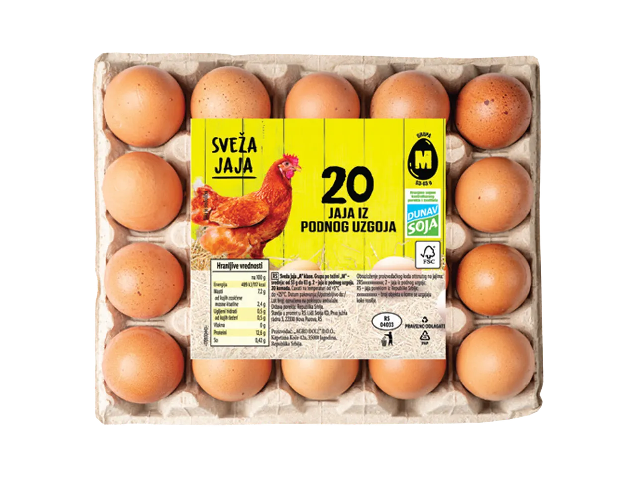 Pakovanje od 20 svežih jaja M klase iz podnog uzgoja, sa informacijama o hranljivim vrednostima.