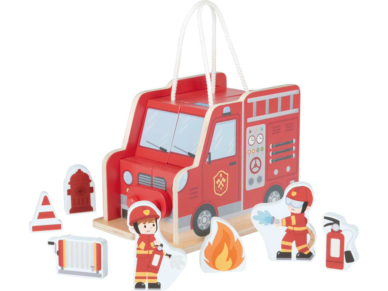 Medinis žaislų rinkinys su ugniagesių mašina ir ugniagesių figūrėlėmis