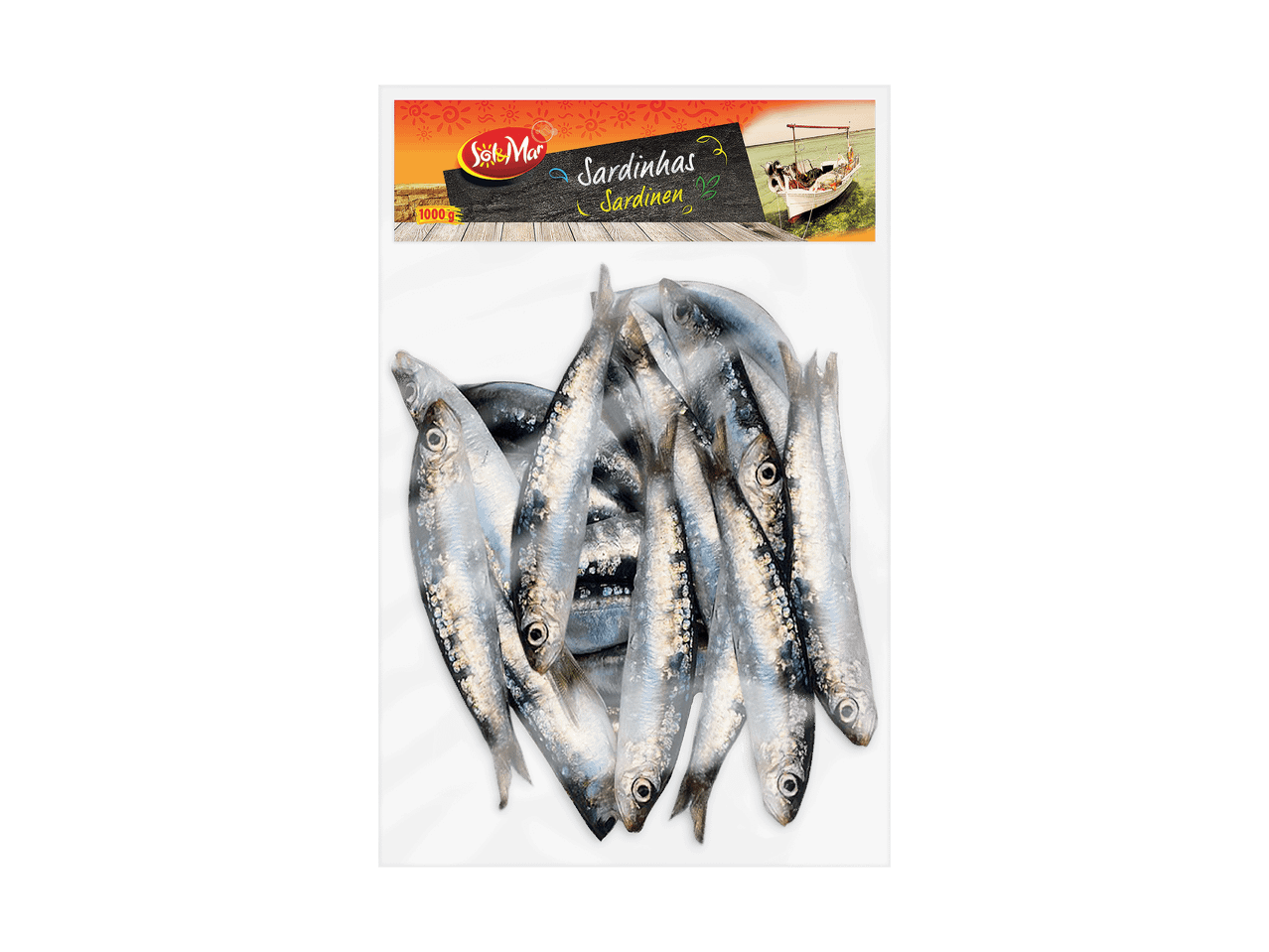 Eine Packung Sol-Mar Sardinen mit der Aufschrift „Sardinhas Sardinen“ und 1000 g.
