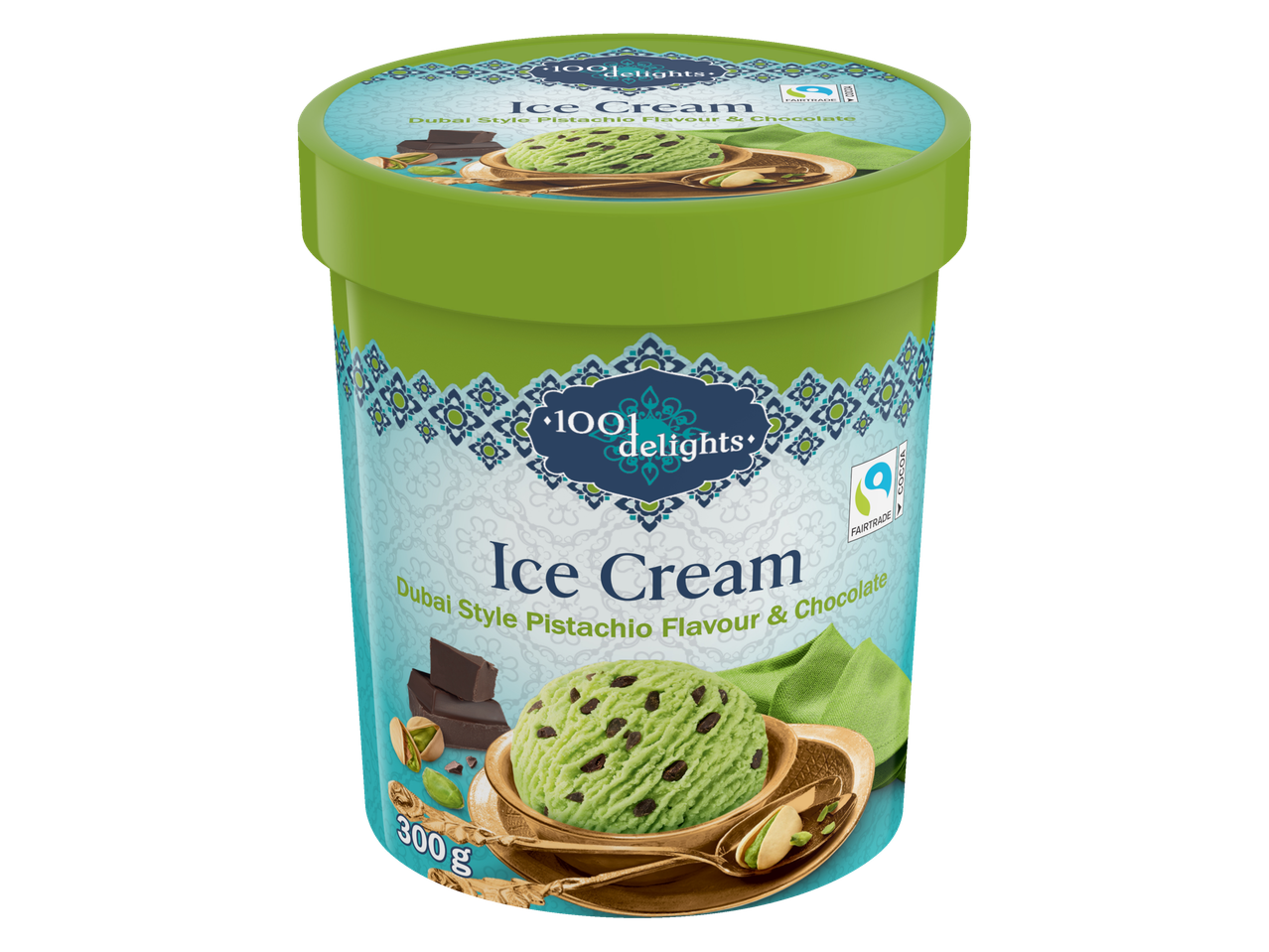 1001 Delights Dubai Style Pistachio Ice Cream tub with chocolate and pistachios.