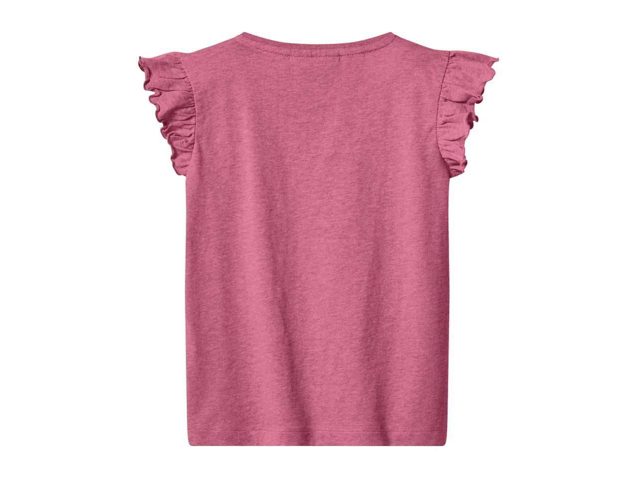 Back view of a pink ruffled-sleeve girls' t-shirt.