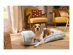 Beagle dog lying on a light blue dog bed in a living room with yellow armchairs.