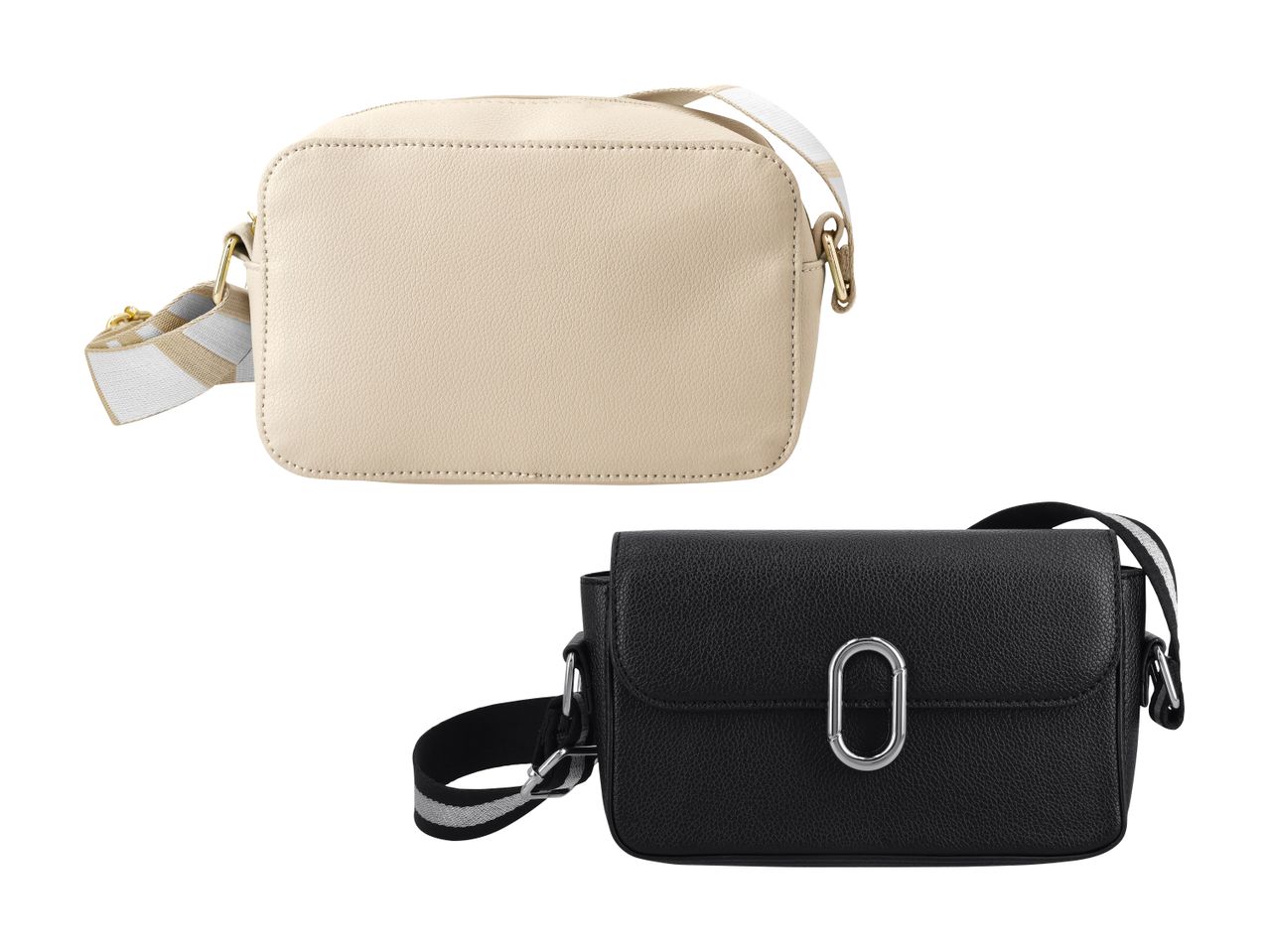 To skuldertasker: en beige og en sort, begge med justerbare stropper.