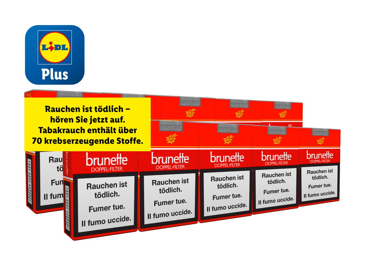 Lidl Plus Brunette Zigarettenpackung mit Warnhinweis zu den Gefahren des Rauchens.