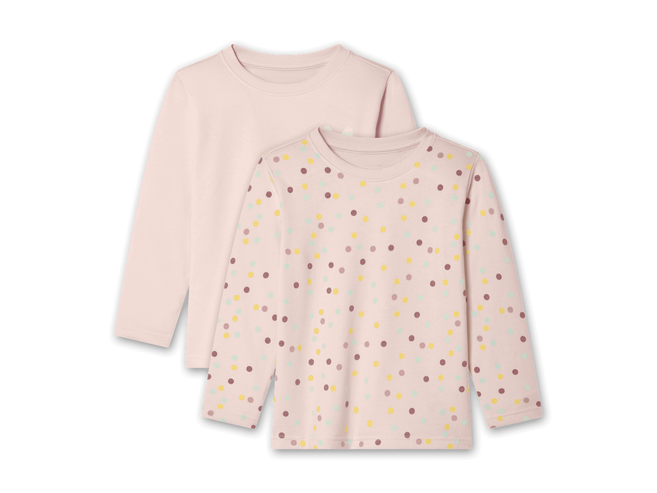 Zwei langärmelige rosa T-Shirts, eines davon mit bunten Punkten.