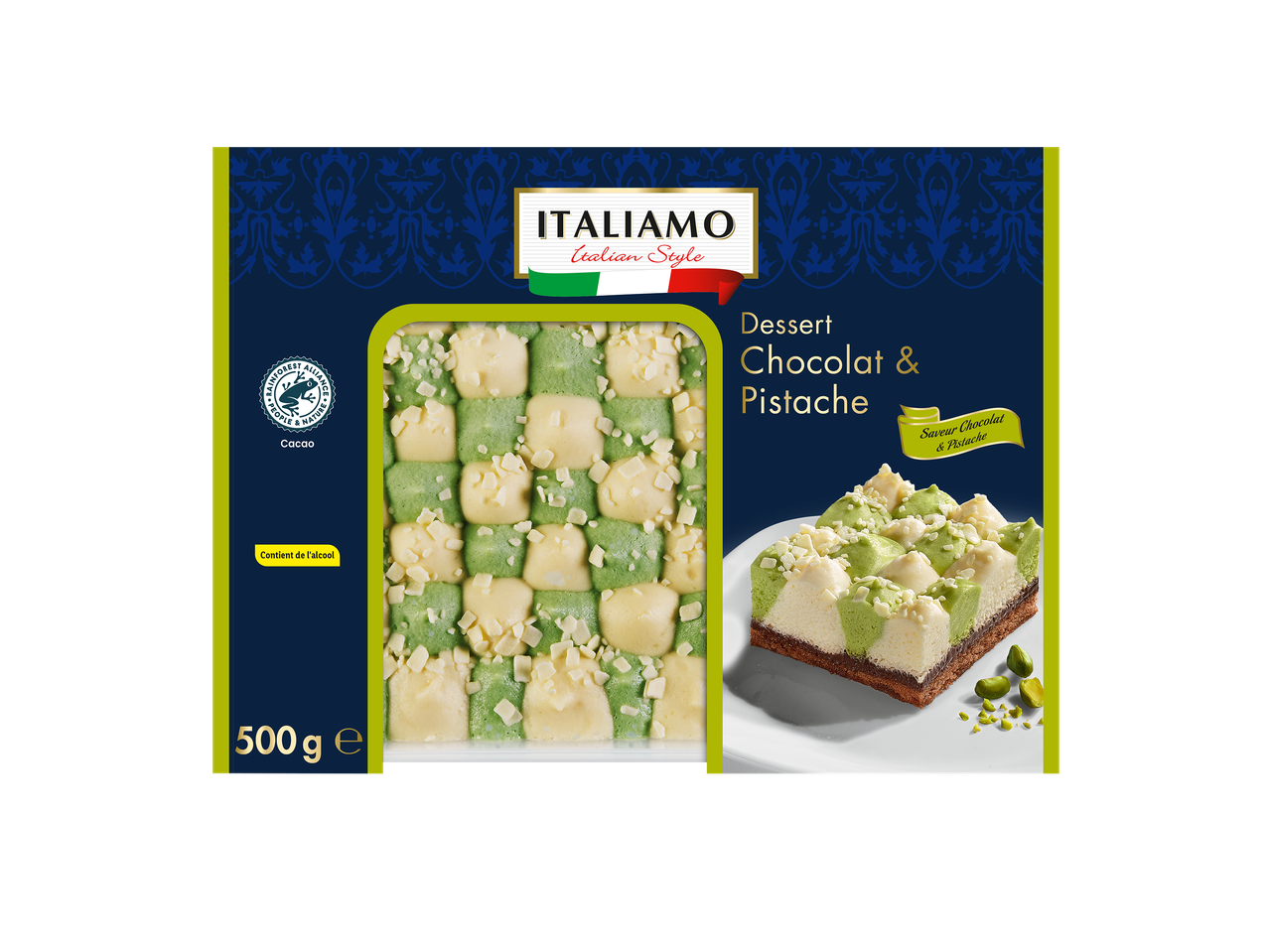 Dessert chocolat et pistache de style italien, avec un motif à carreaux verts et blancs, et une étiquette Rainforest Alliance.