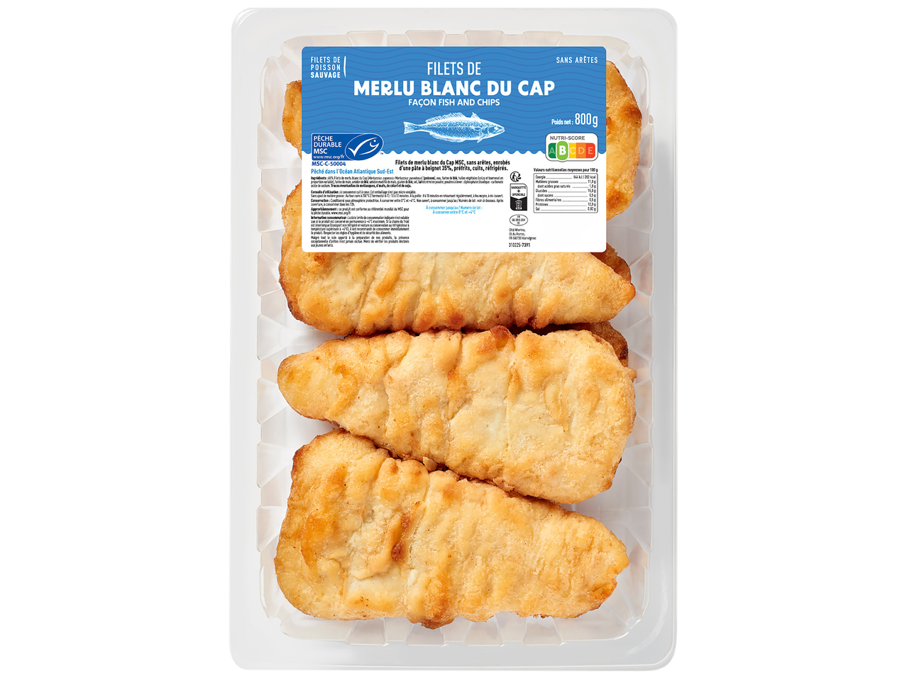 Filets de merlu blanc du Cap panés, façon fish and chips, avec Nutri-Score A et label MSC.