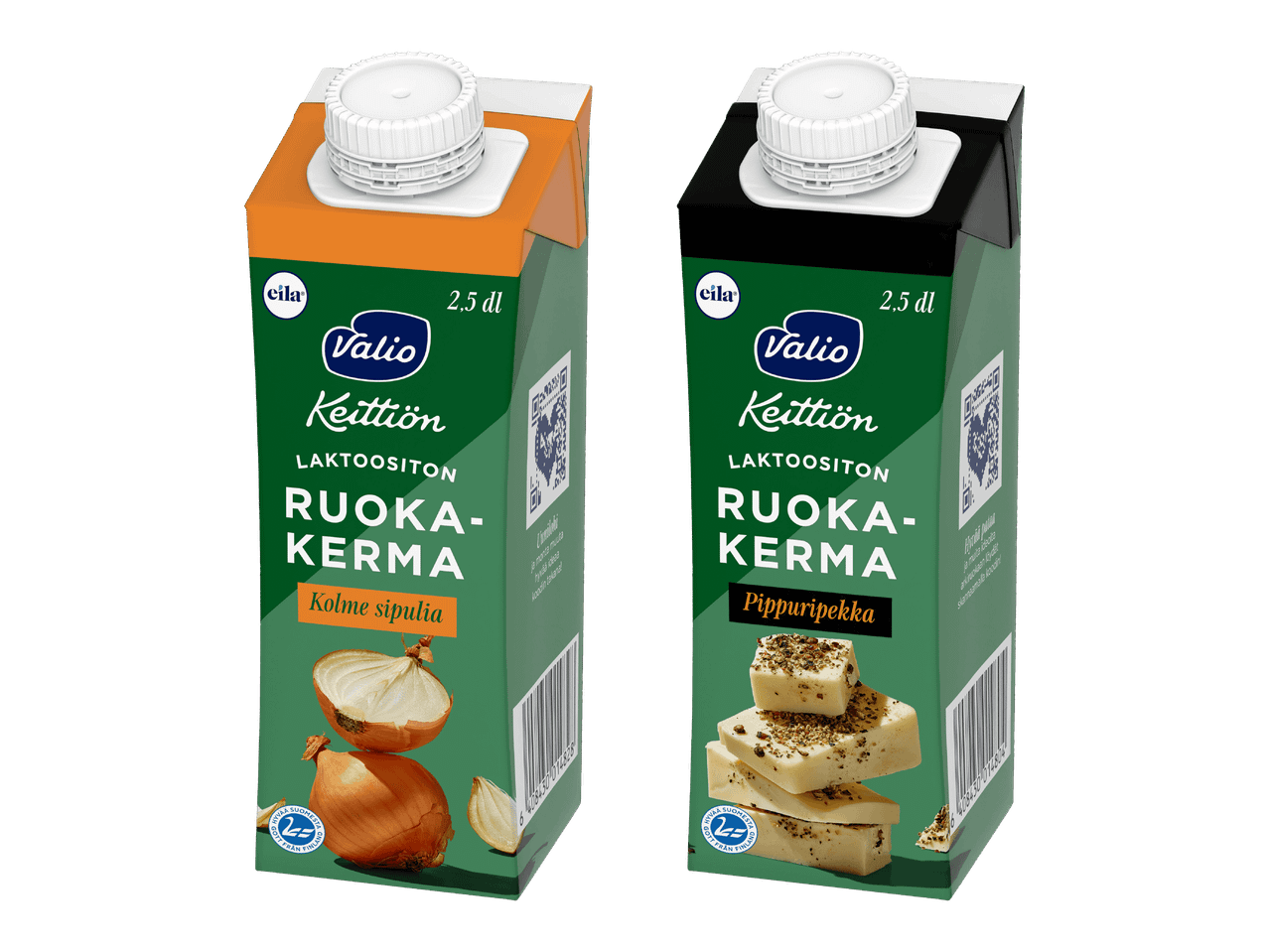 Kaksi laktoositonta ruokakermaa, toinen sipulin ja toinen pippurin makuinen.