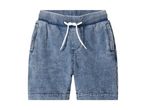 Blue denim-look jersey shorts with an elasticated waist and white drawstring.