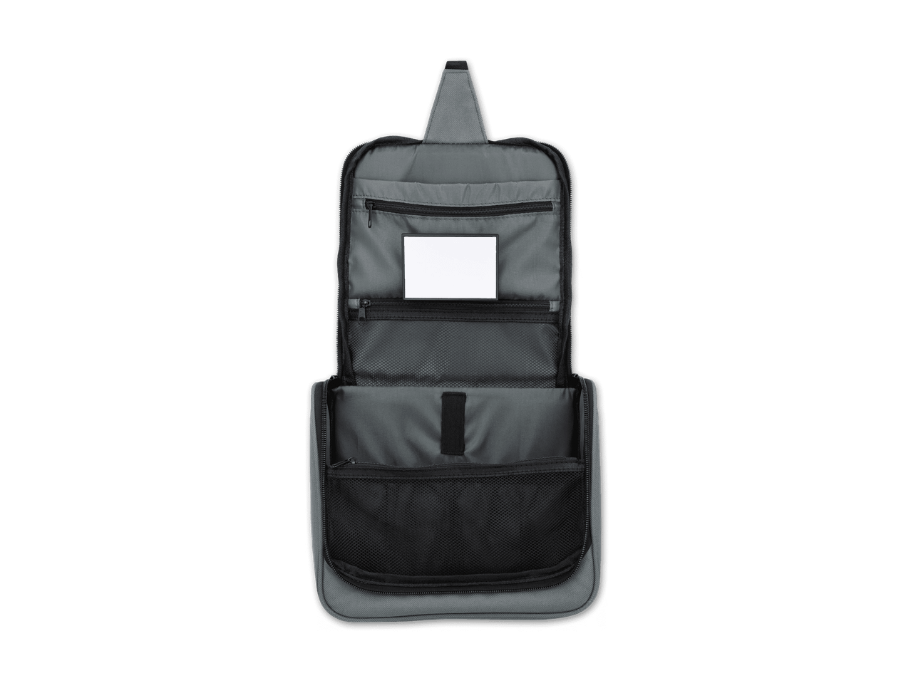 Graue, offene Kulturtasche mit mehreren Fächern und einem kleinen Spiegel.
