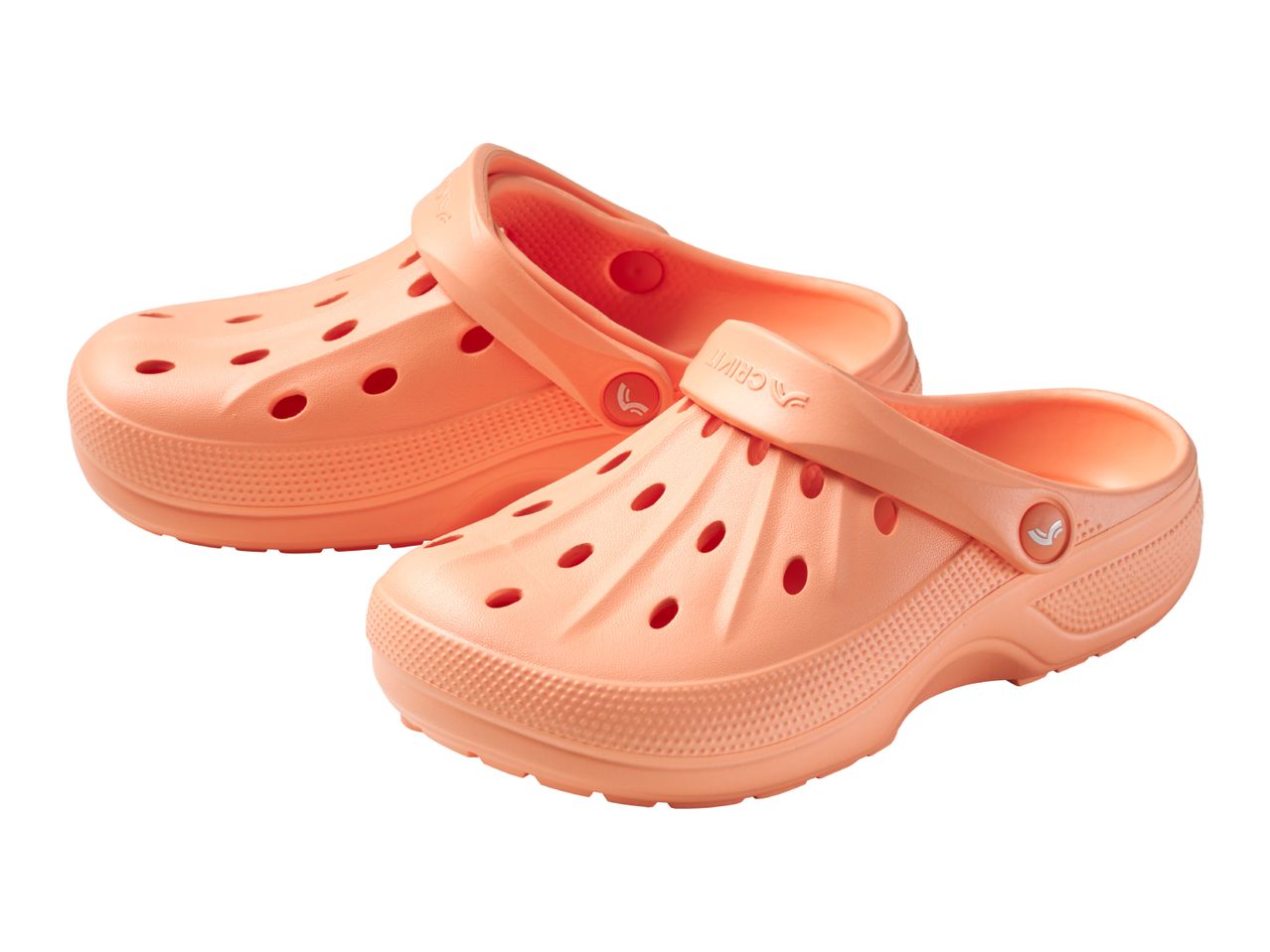 Pair of light orange clogs with ventilation holes and textured soles