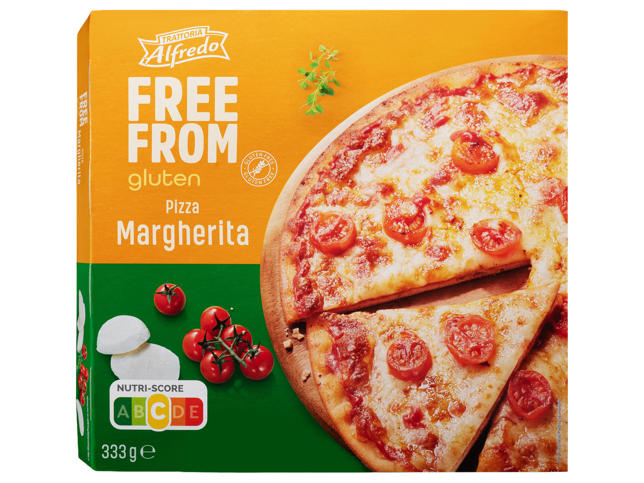 Gluténmentes Margherita pizza csomagolása, Nutri-Score A jelöléssel.