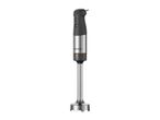 A black and silver immersion blender with two buttons and a long metal shaft.