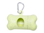 A light green bone-shaped dog waste bag dispenser with a carabiner clip.
