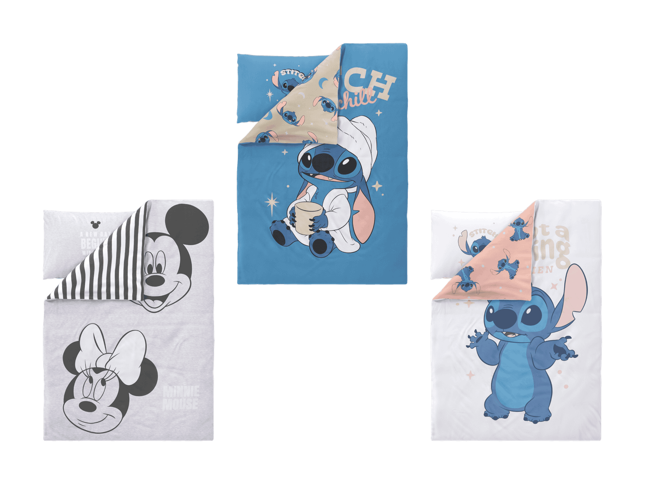 Parures de lit pour enfants avec Mickey, Minnie et Stitch, motifs « Chill » et « Not a morning alien ».