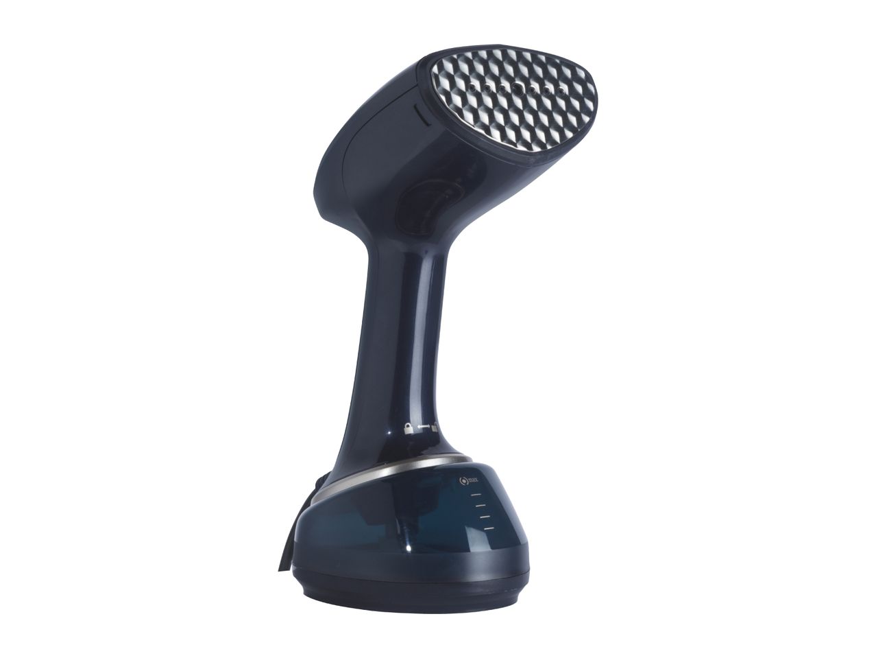 Dark blue handheld garment steamer with a textured steam plate and water level indicator.