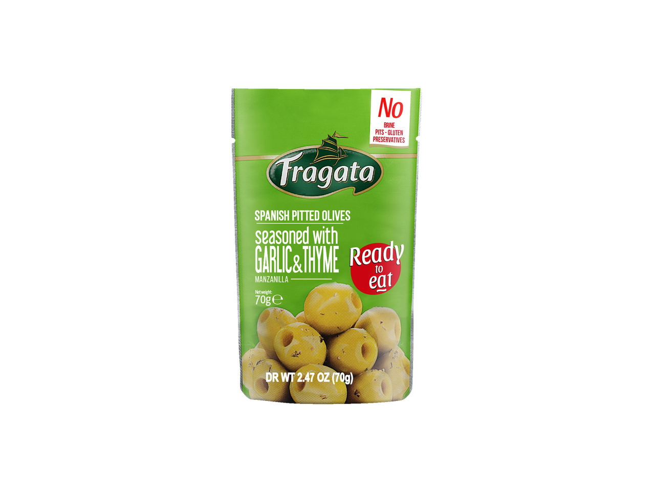 Fragata Snackolijven, Spaanse ontpitte olijven gekruid met knoflook en tijm, 70g.