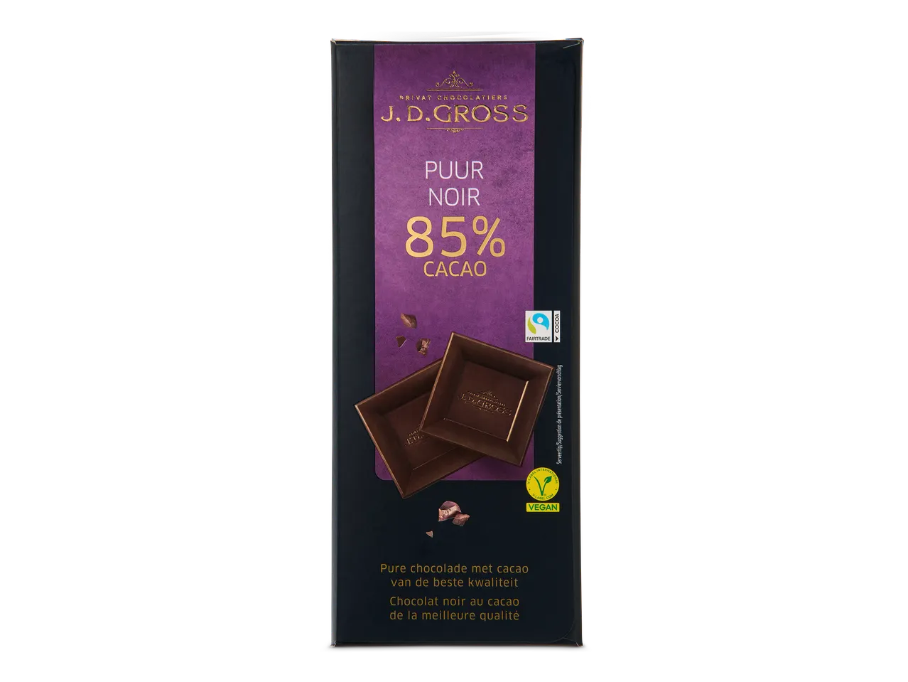 Een reep pure chocolade met 85% cacao in een paars-zwarte verpakking.