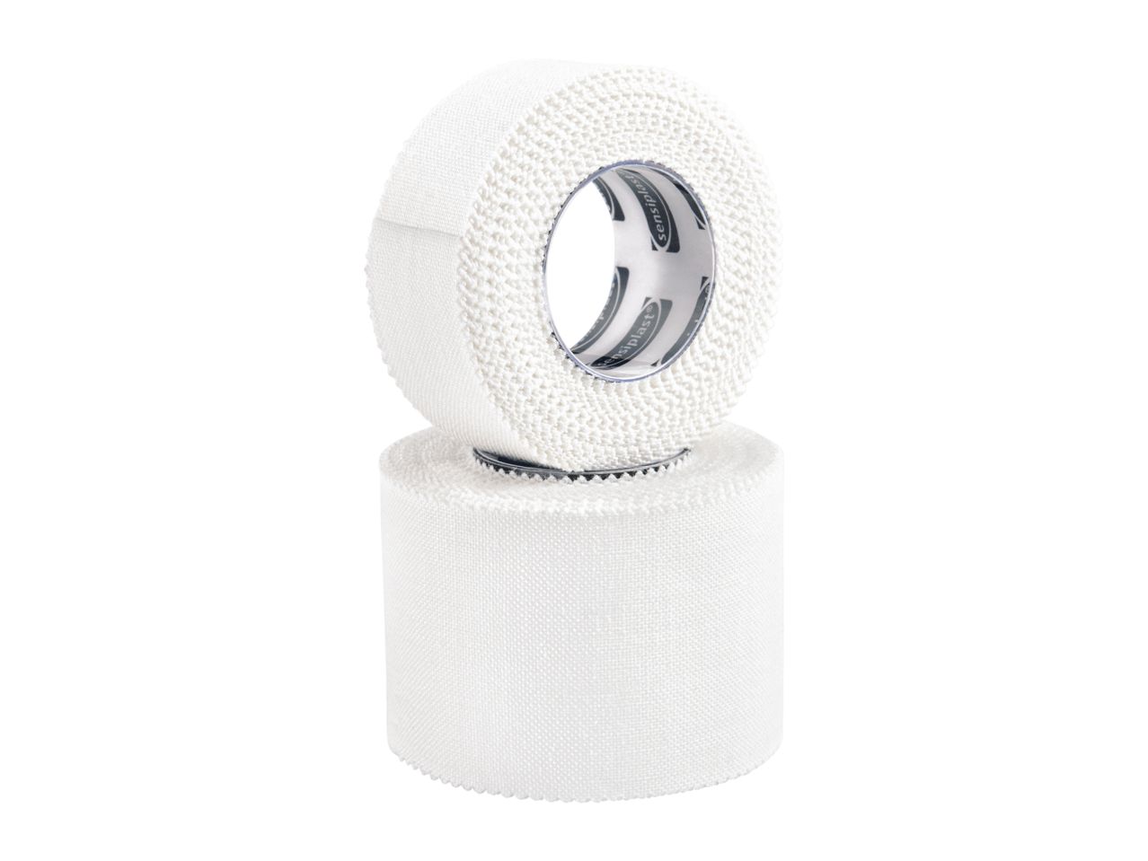 Two rolls of white athletic tape, one stacked on top of the other.