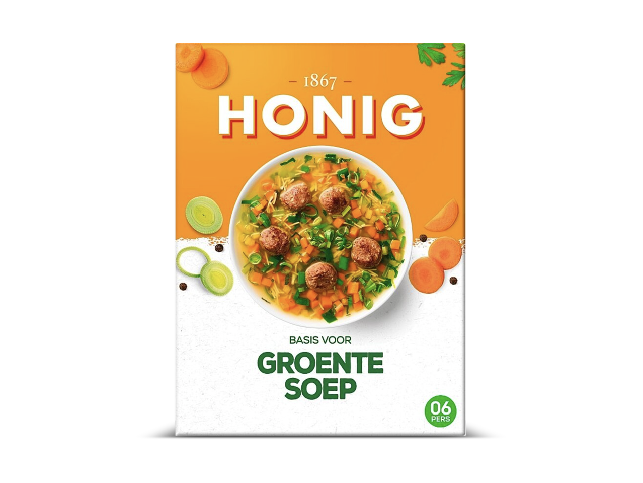 Verpakking voor groentesoep met gehaktballetjes, wortel en prei, met de tekst 'Basis voor Groentesoep' en '06 pers'.